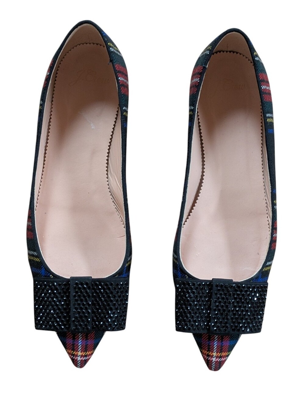 J. Crew Tartan Plaid Rhinestone Bow Pointed Toe Flats Size 8.5 - Picture 3 of 12